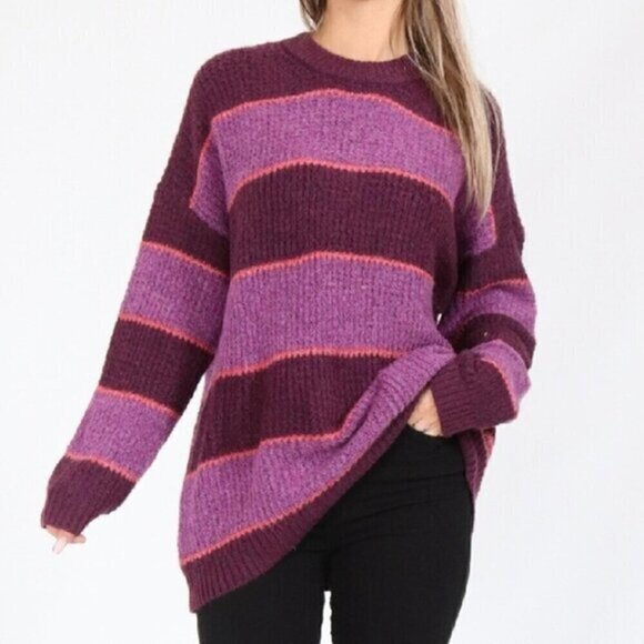 AMERICAN EAGLE AEO Oversized Purple Stripe Crewneck Sweater Fuzzy Chunky Knit M - Picture 1 of 16
